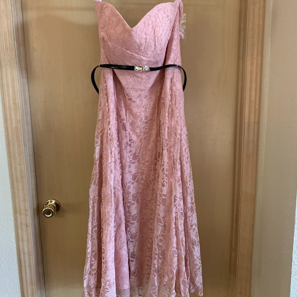 NWT Gather & Gown Strapless Pink Lace Belted Below Knee Formal Dress